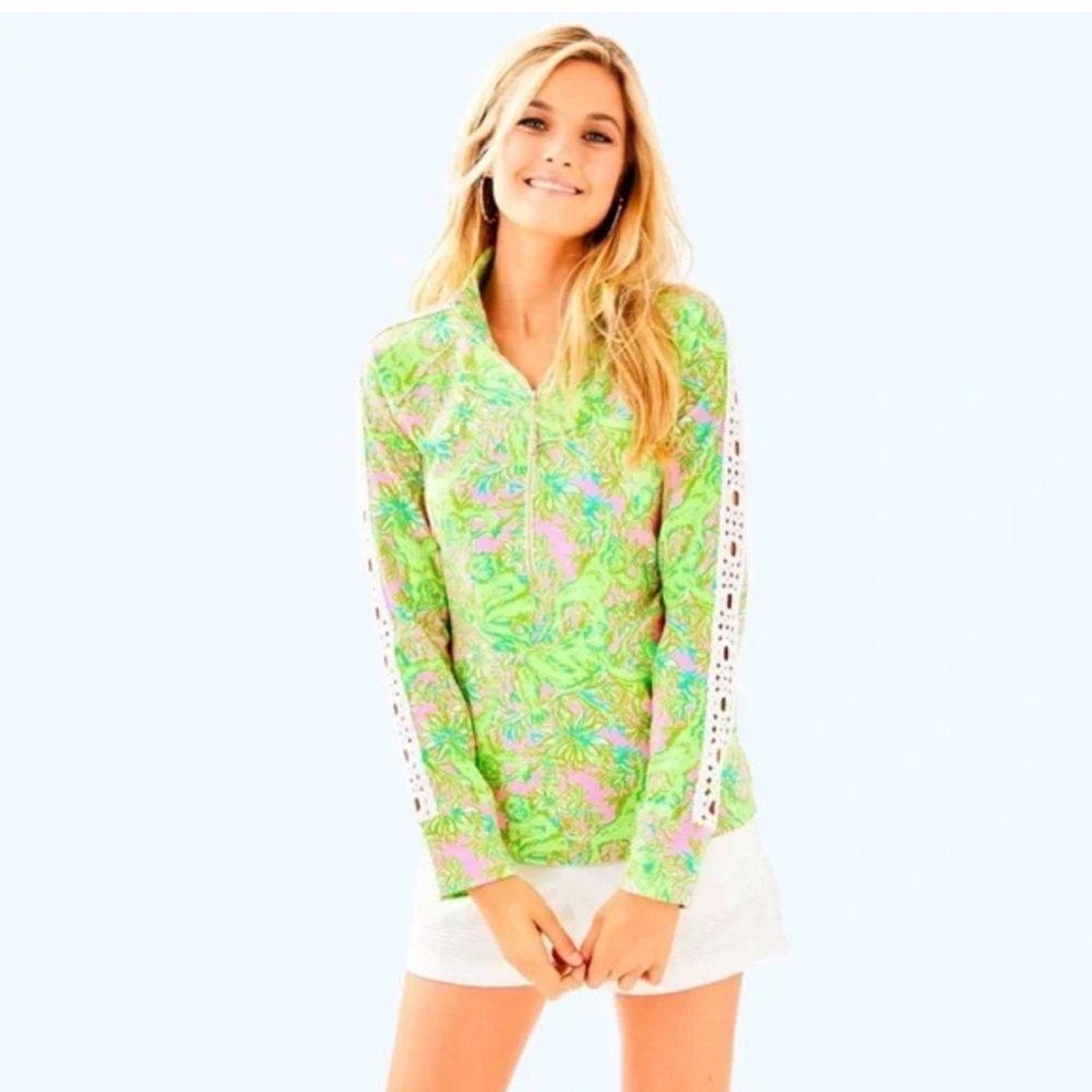 Lilly Pulitzer Skipper Popover Pelican Pink Chimply Chic Lace Sleeve Top Women S